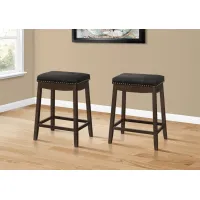 Bar Stool, Set Of 2, Counter Height, Saddle Seat, Kitchen, Wood, Pu Leather Look, Black, Brown, Transitional