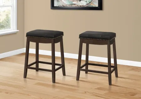 Bar Stool, Set Of 2, Counter Height, Saddle Seat, Kitchen, Wood, Pu Leather Look, Black, Brown, Transitional