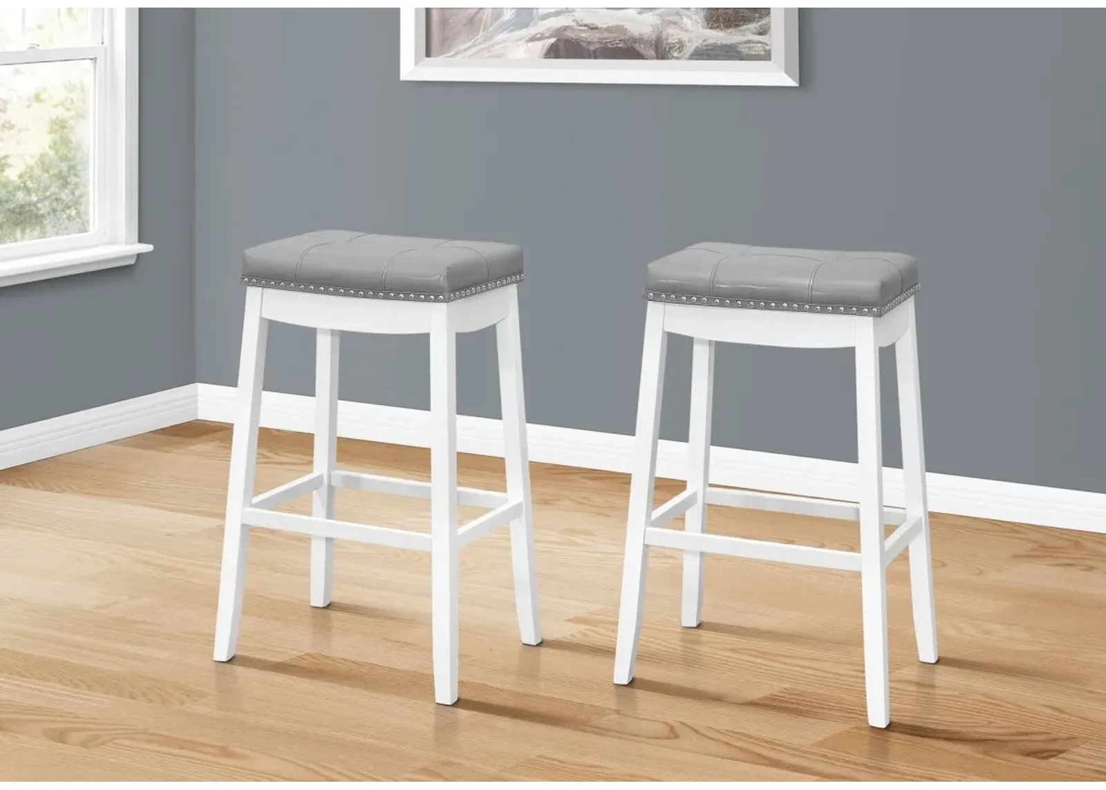 Bar Stool, Set Of 2, Bar Height, Saddle Seat, Wood, Pu Leather Look, White, Grey, Transitional