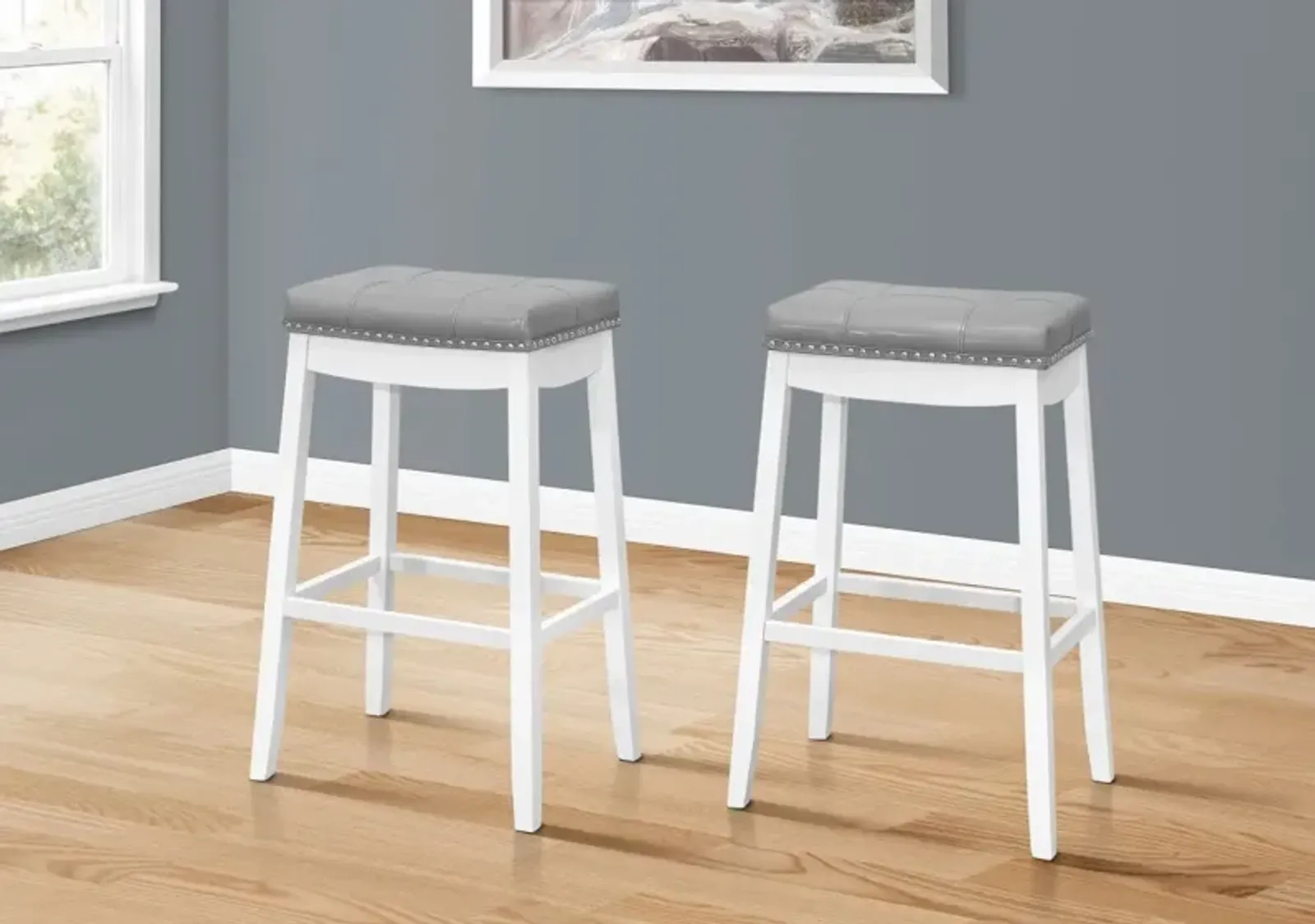 Bar Stool, Set Of 2, Bar Height, Saddle Seat, Wood, Pu Leather Look, White, Grey, Transitional