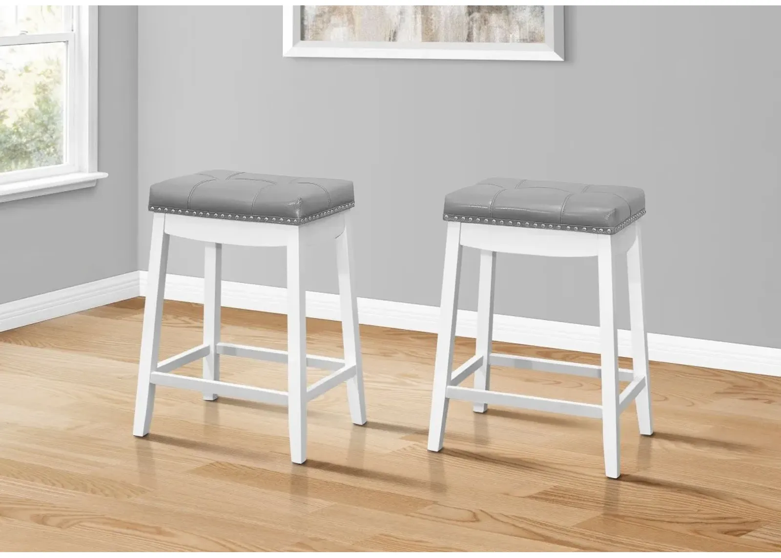 Bar Stool, Set Of 2, Counter Height, Saddle Seat, Kitchen, Wood, Pu Leather Look, White, Grey, Transitional