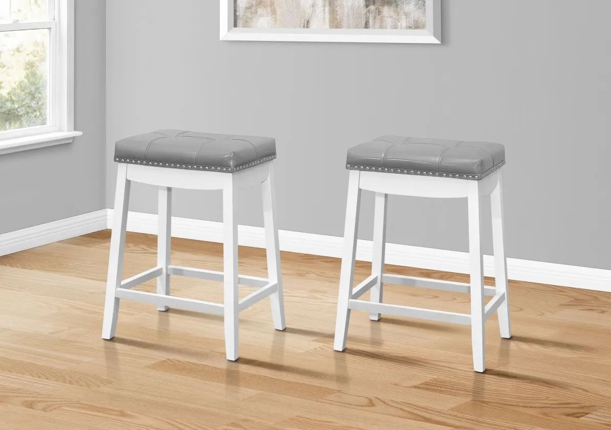 Bar Stool, Set Of 2, Counter Height, Saddle Seat, Kitchen, Wood, Pu Leather Look, White, Grey, Transitional