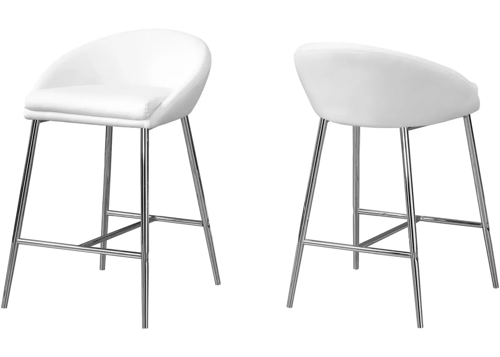 Bar Stool, Set Of 2, Counter Height, Kitchen, Metal, Pu Leather Look, White, Chrome, Contemporary, Modern