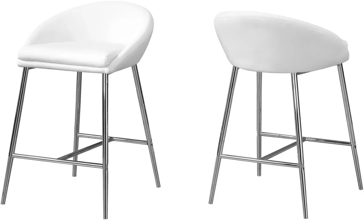 Bar Stool, Set Of 2, Counter Height, Kitchen, Metal, Pu Leather Look, White, Chrome, Contemporary, Modern