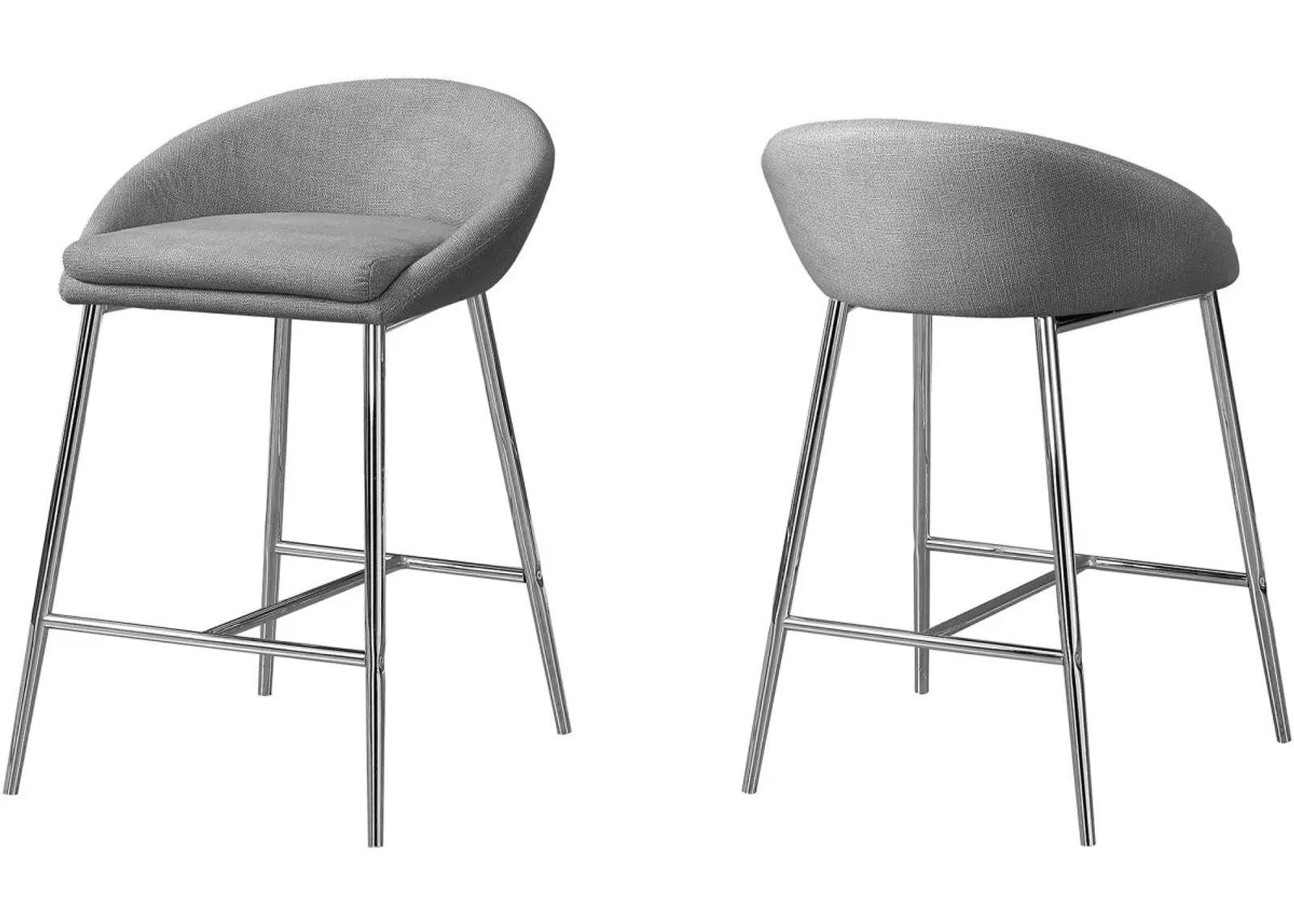 Bar Stool, Set Of 2, Counter Height, Kitchen, Metal, Fabric, Grey, Chrome, Contemporary, Modern