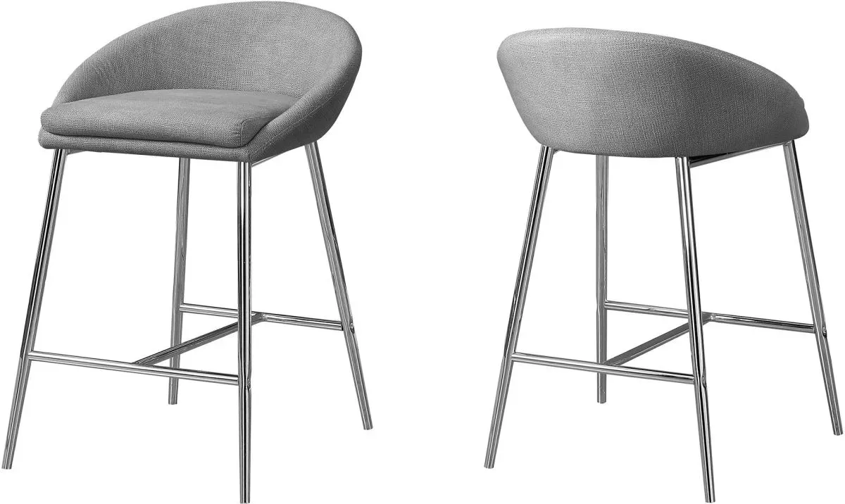 Bar Stool, Set Of 2, Counter Height, Kitchen, Metal, Fabric, Grey, Chrome, Contemporary, Modern