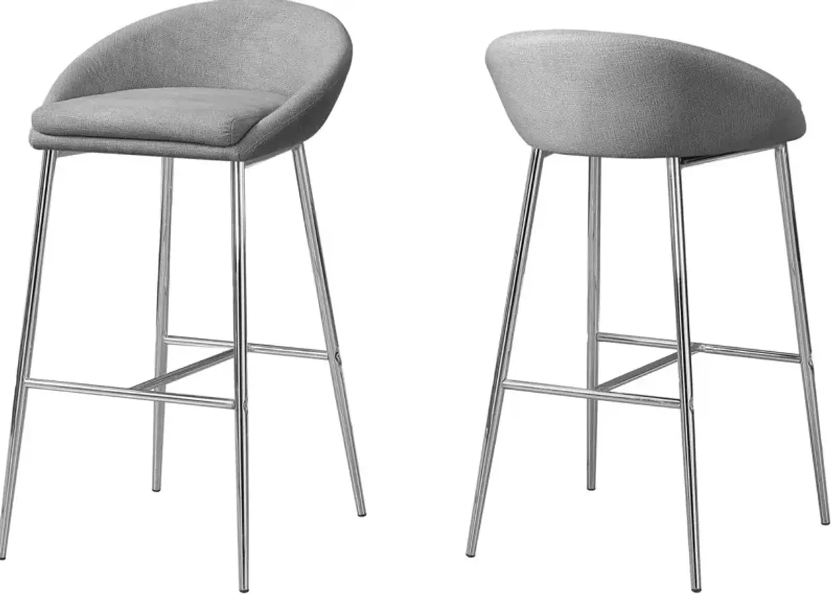 Bar Stool, Set Of 2, Bar Height, Metal, Fabric, Grey, Chrome, Contemporary, Modern