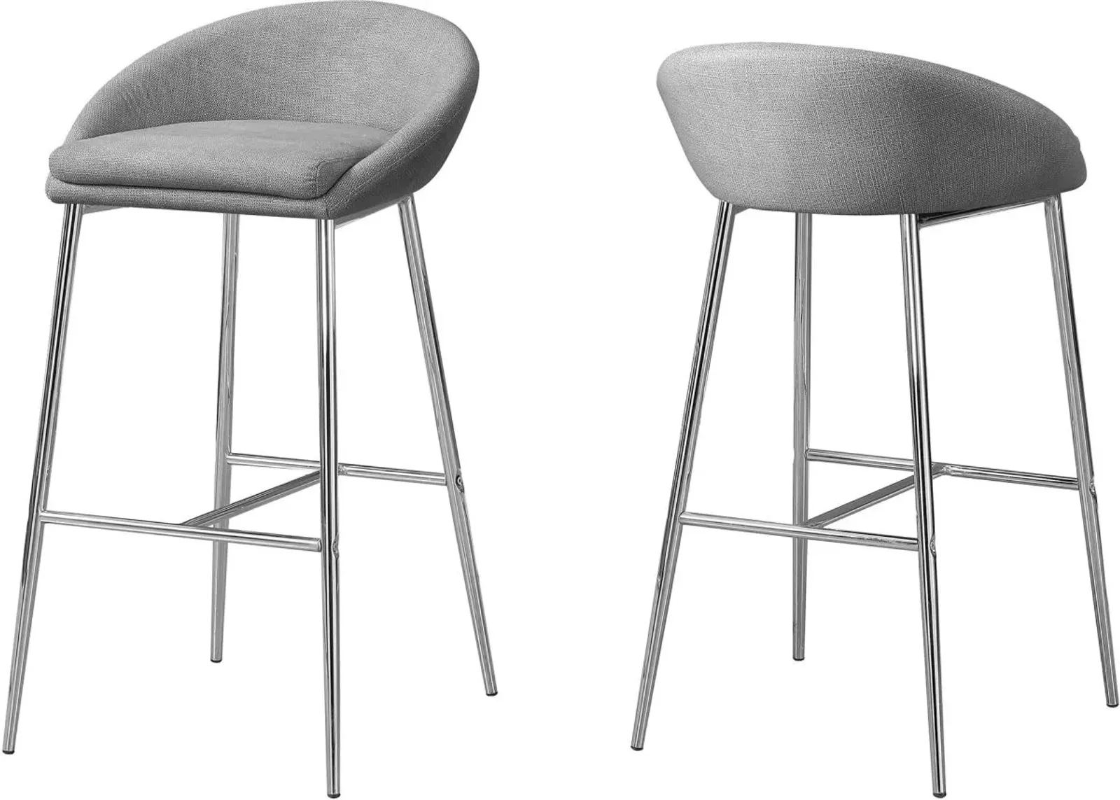 Bar Stool, Set Of 2, Bar Height, Metal, Fabric, Grey, Chrome, Contemporary, Modern