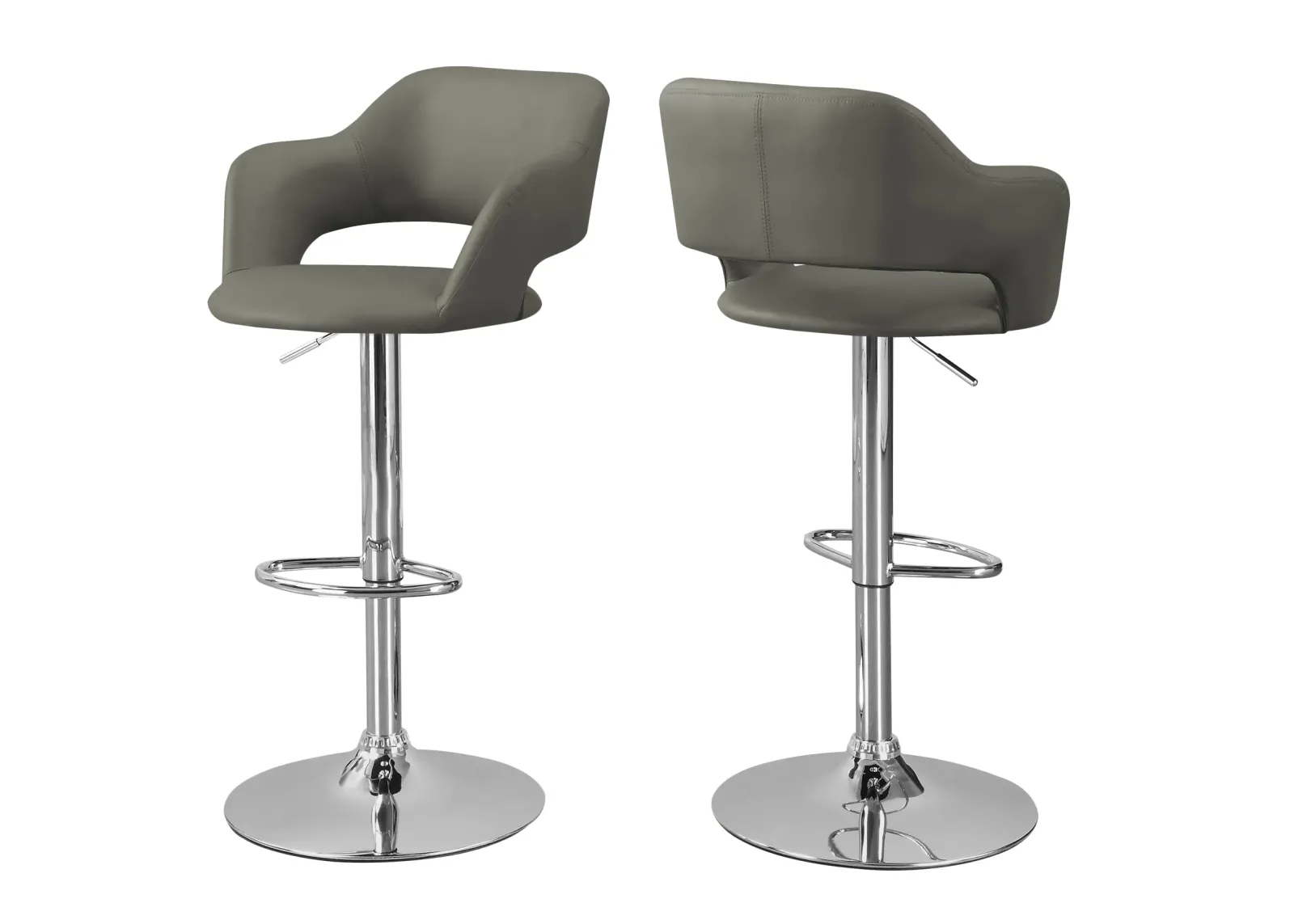 Bar Stool, Swivel, Bar Height, Adjustable, Metal, Pu Leather Look, Grey, Chrome, Contemporary, Modern