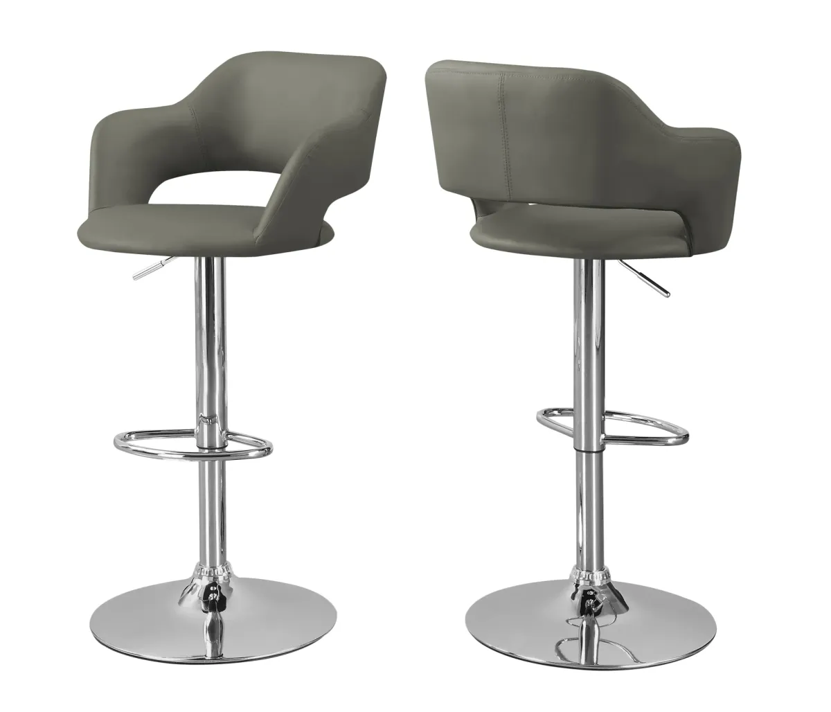 Bar Stool, Swivel, Bar Height, Adjustable, Metal, Pu Leather Look, Grey, Chrome, Contemporary, Modern