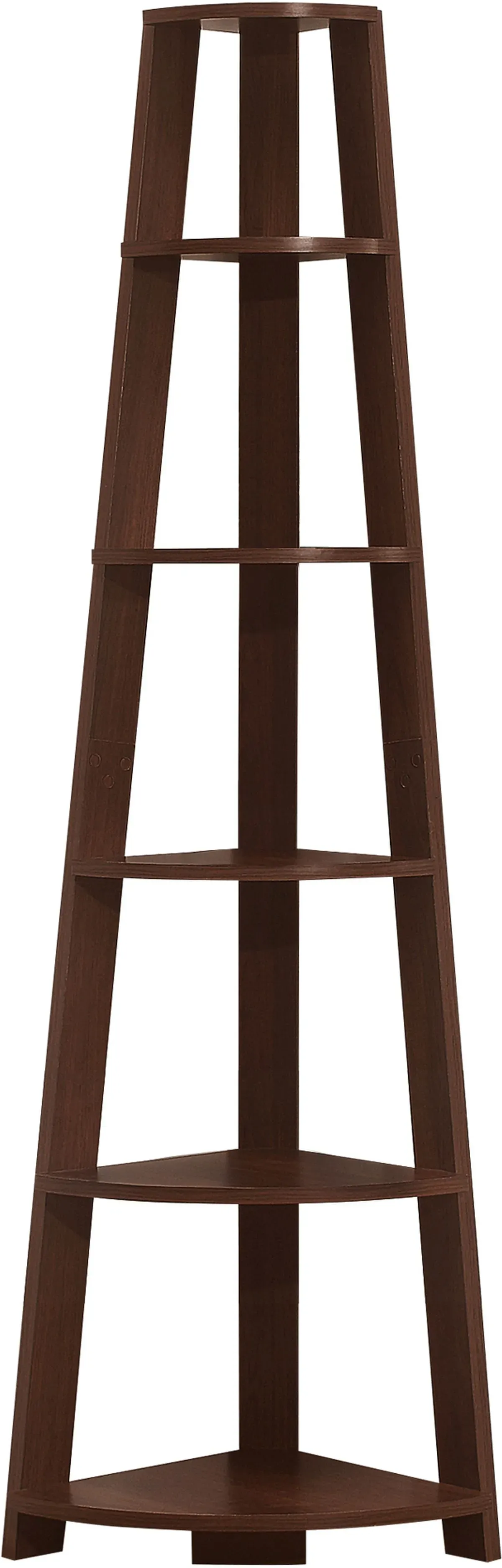 Bookshelf, Bookcase, Etagere, Corner, 5 Tier, 72"H, Office, Bedroom, Laminate, Brown, Contemporary, Modern