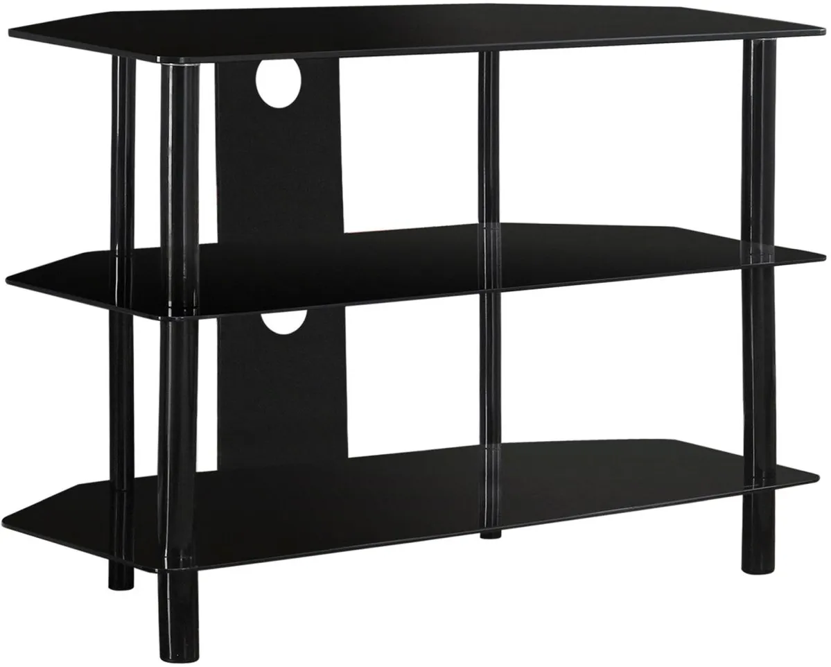 Tv Stand, 36 Inch, Console, Media Entertainment Center, Storage Shelves, Living Room, Bedroom, Tempered Glass, Metal, Black, Clear, Contemporary, Modern