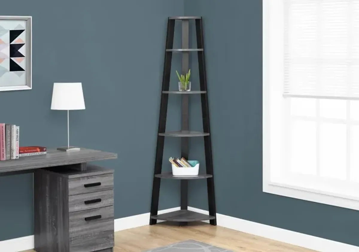 Bookshelf, Bookcase, Etagere, Corner, 5 Tier, 72"H, Office, Bedroom, Laminate, Grey, Black, Contemporary, Modern