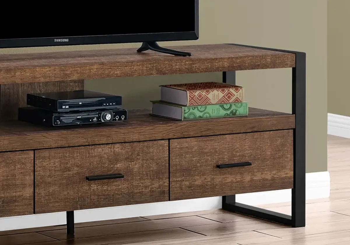 Tv Stand, 60 Inch, Console, Media Entertainment Center, Storage Drawers, Living Room, Bedroom, Metal, Laminate, Brown, Black, Contemporary, Modern