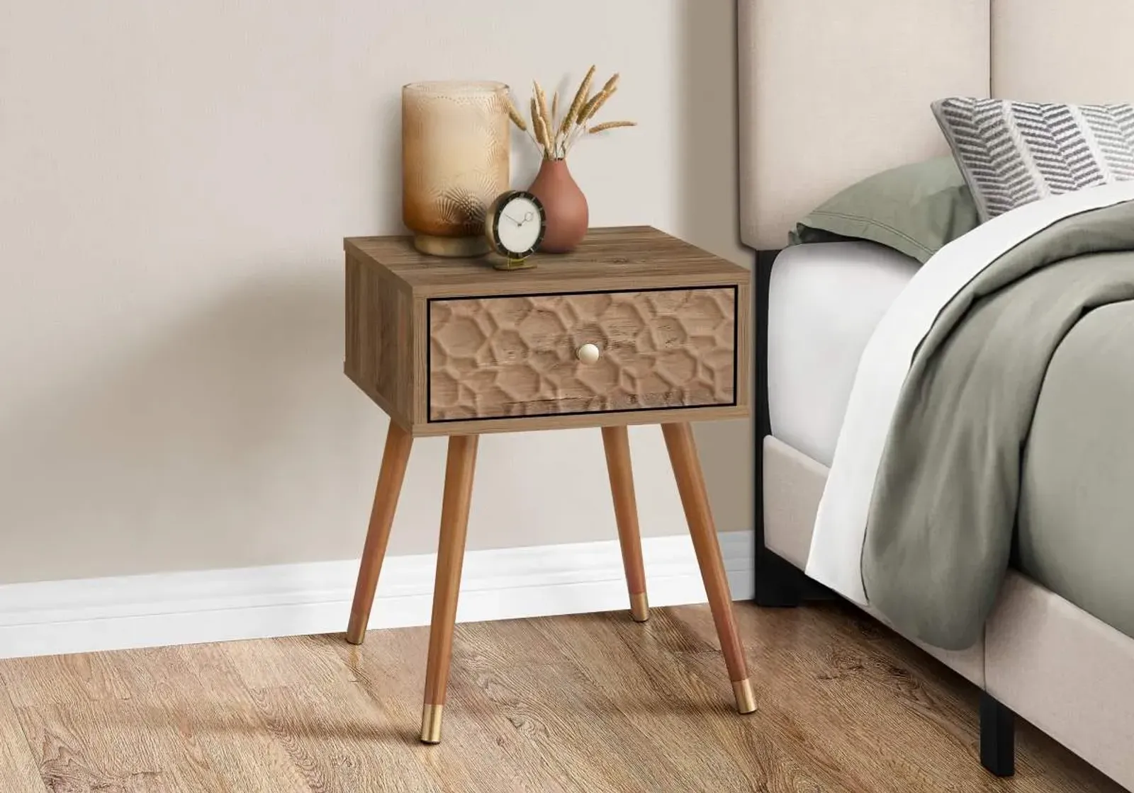 Accent Table, Side, End, Nightstand, Lamp, Storage Drawer, Living Room, Bedroom, Wood Legs, Laminate, Walnut, Mid Century