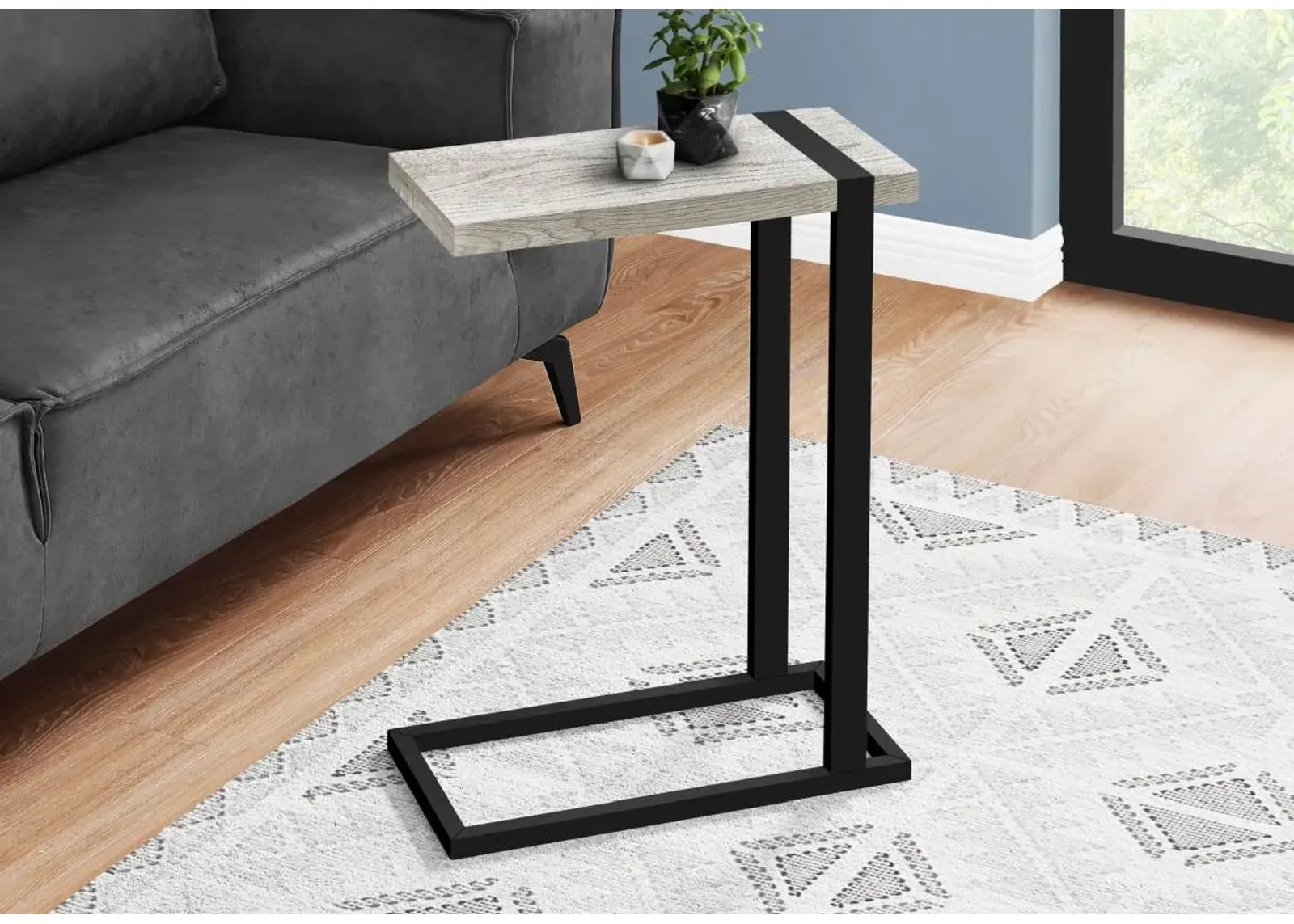 Accent Table, C-Shaped, End, Side, Snack, Living Room, Bedroom, Metal, Laminate, Grey, Black, Contemporary, Modern