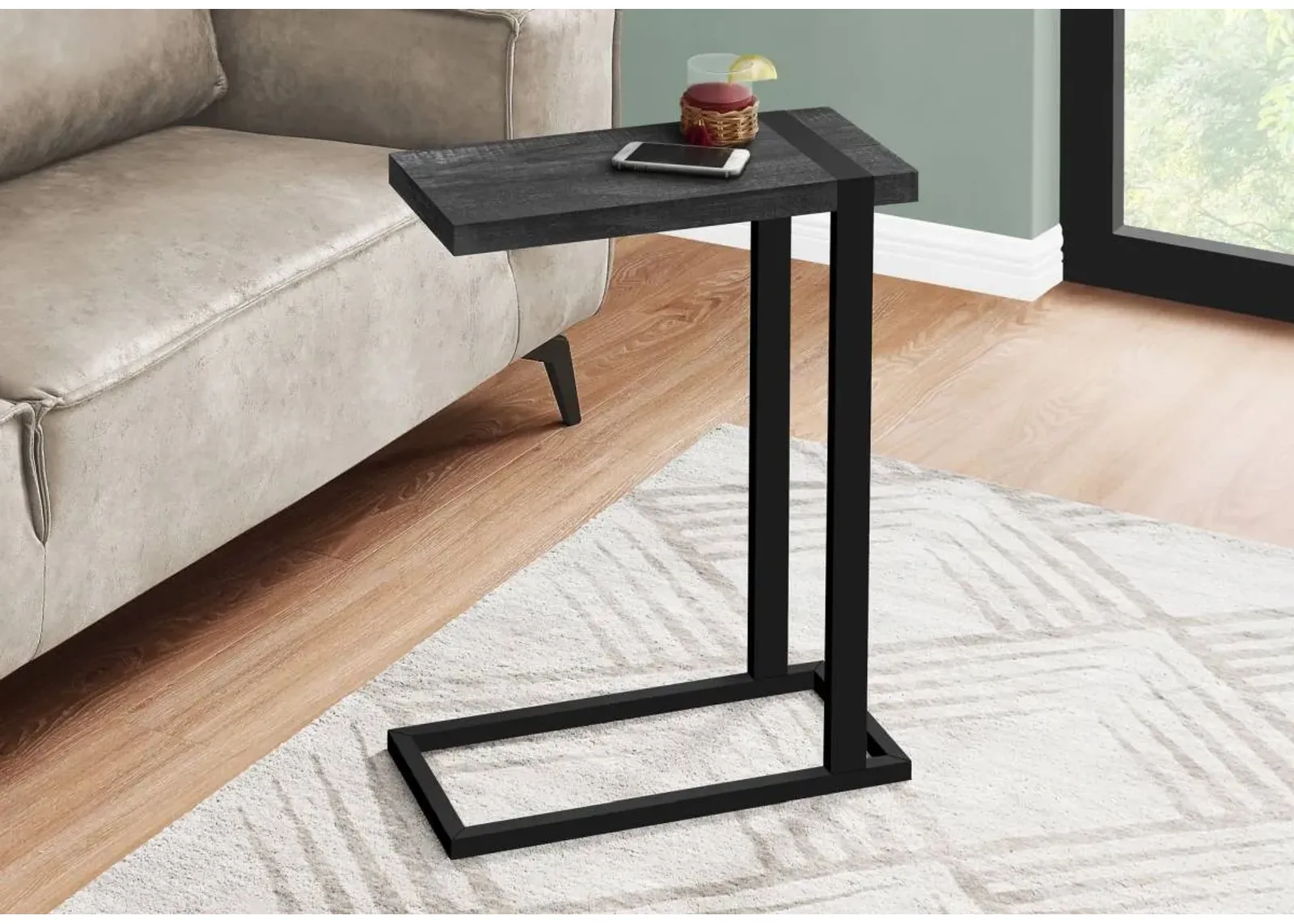 Accent Table, C-Shaped, End, Side, Snack, Living Room, Bedroom, Metal, Laminate, Black, Contemporary, Modern