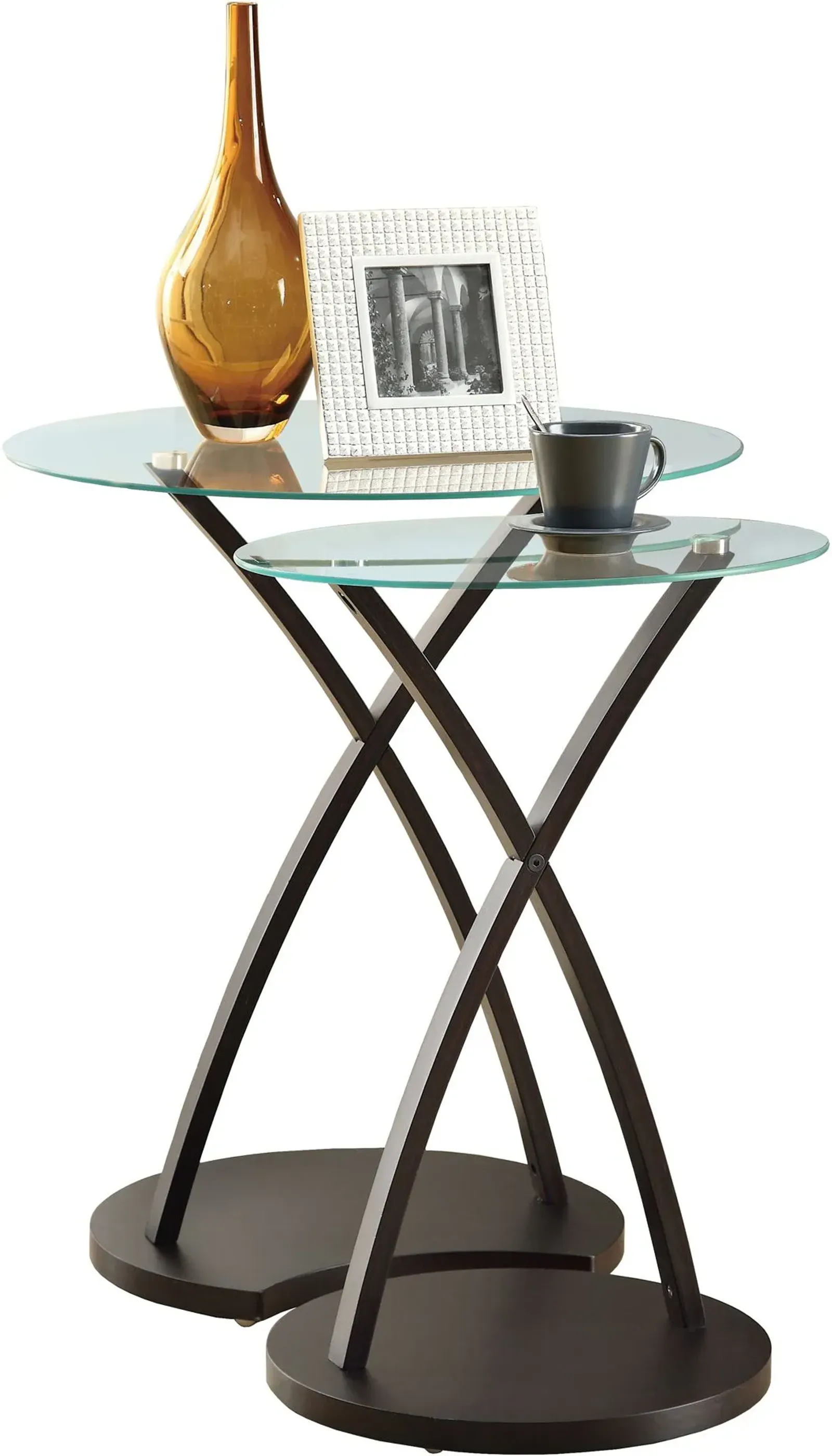 Nesting Table, Set Of 2, Side, End, Accent, Living Room, Bedroom, Wood, Tempered Glass, Brown, Clear, Contemporary, Modern