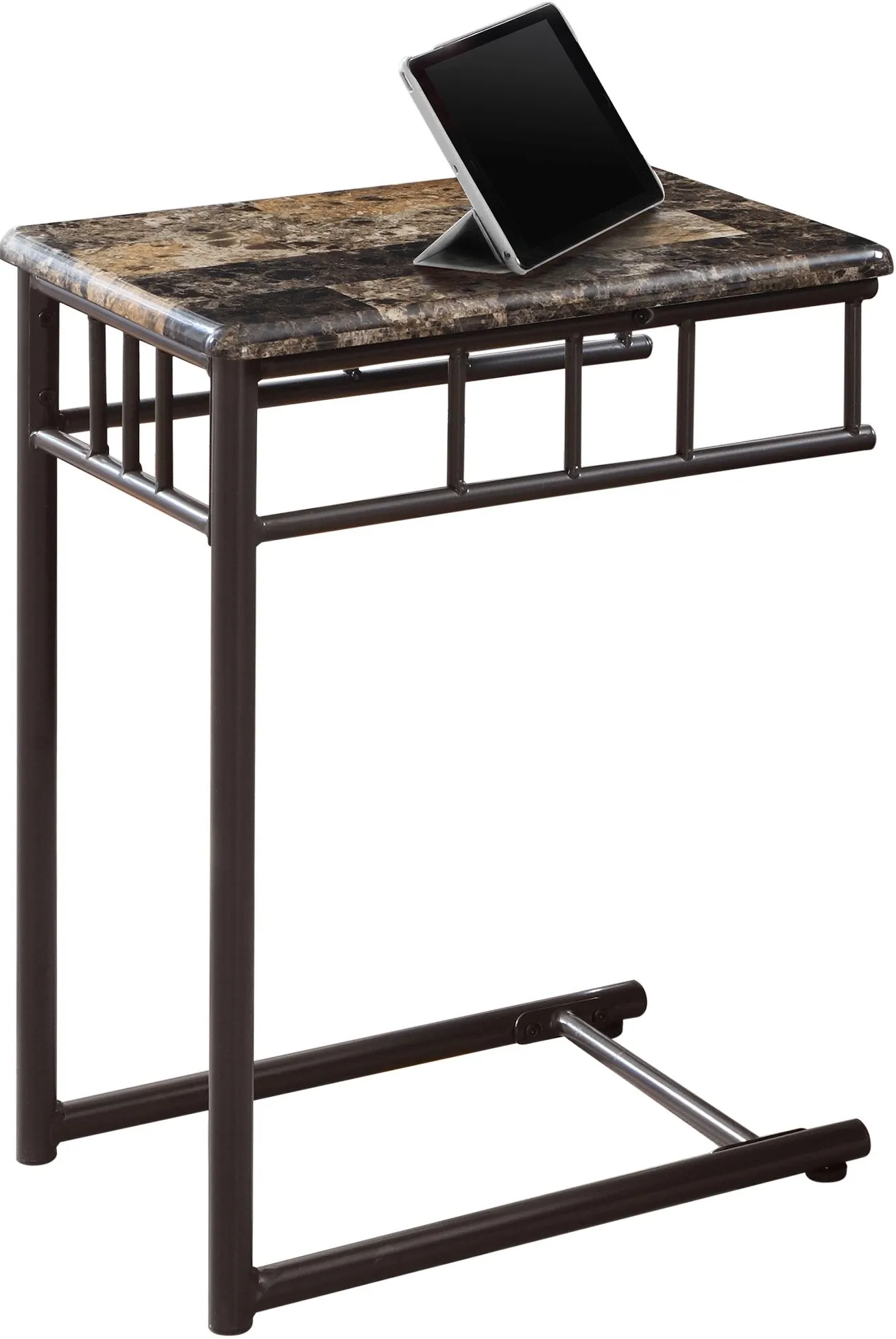 Accent Table, C-Shaped, End, Side, Snack, Living Room, Bedroom, Metal, Laminate, Brown Marble Look, Contemporary, Modern