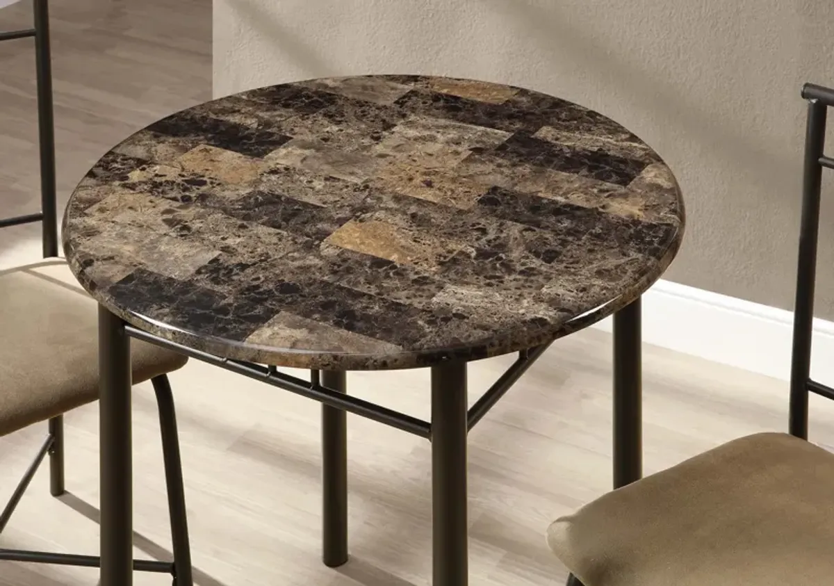 Dining Table Set, 3Pcs Set, Small, 30" Round, Kitchen, Metal, Laminate, Brown Marble Look, Transitional