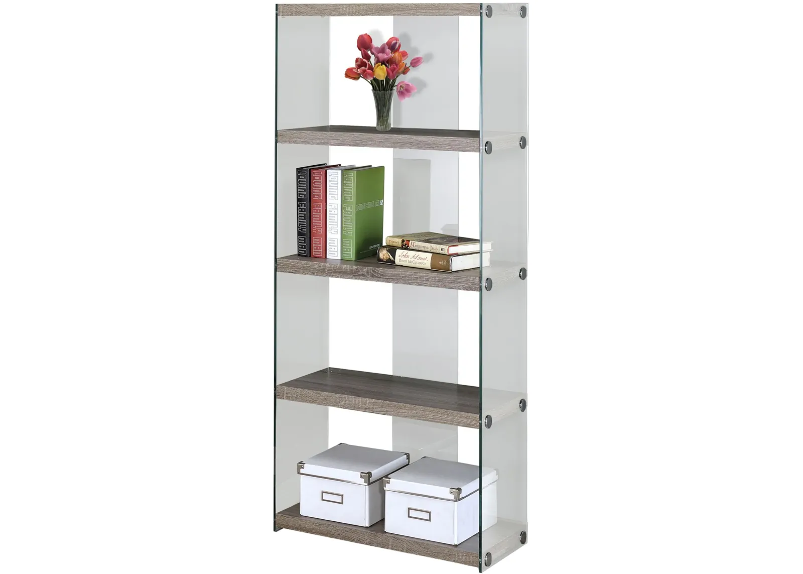 Bookshelf, Bookcase, Etagere, 5 Tier, 60"H, Office, Bedroom, Tempered Glass, Laminate, Brown, Clear, Contemporary, Modern