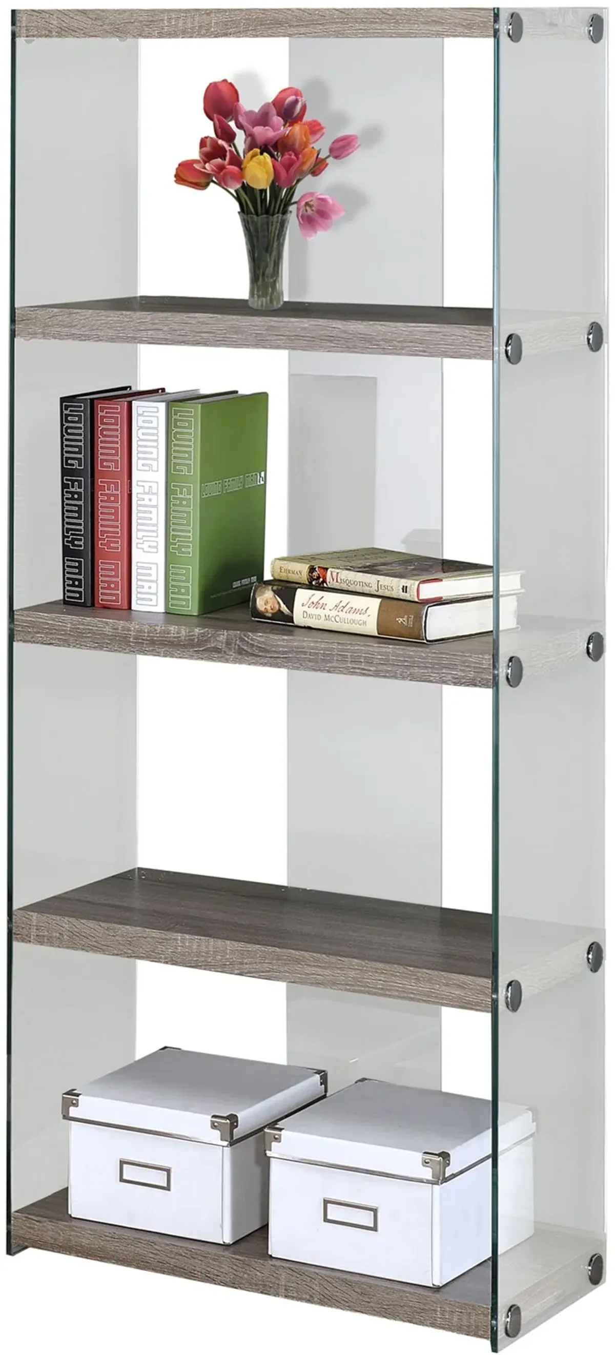 Bookshelf, Bookcase, Etagere, 5 Tier, 60"H, Office, Bedroom, Tempered Glass, Laminate, Brown, Clear, Contemporary, Modern