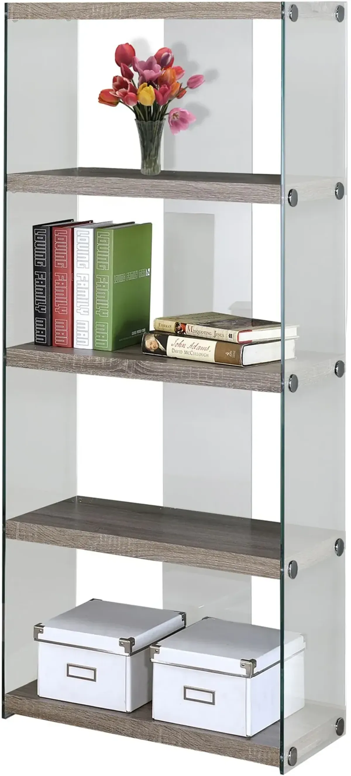 Bookshelf, Bookcase, Etagere, 5 Tier, 60"H, Office, Bedroom, Tempered Glass, Laminate, Brown, Clear, Contemporary, Modern