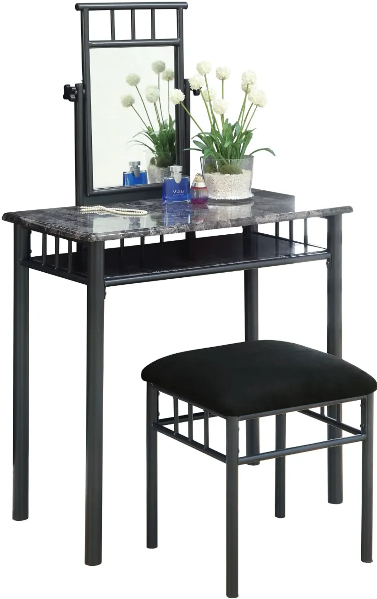 Vanity Set, Set Of 2, Makeup Table, Organizer, Dressing Table, Bedroom, Metal, Laminate, Grey Marble Look, Black, Transitional