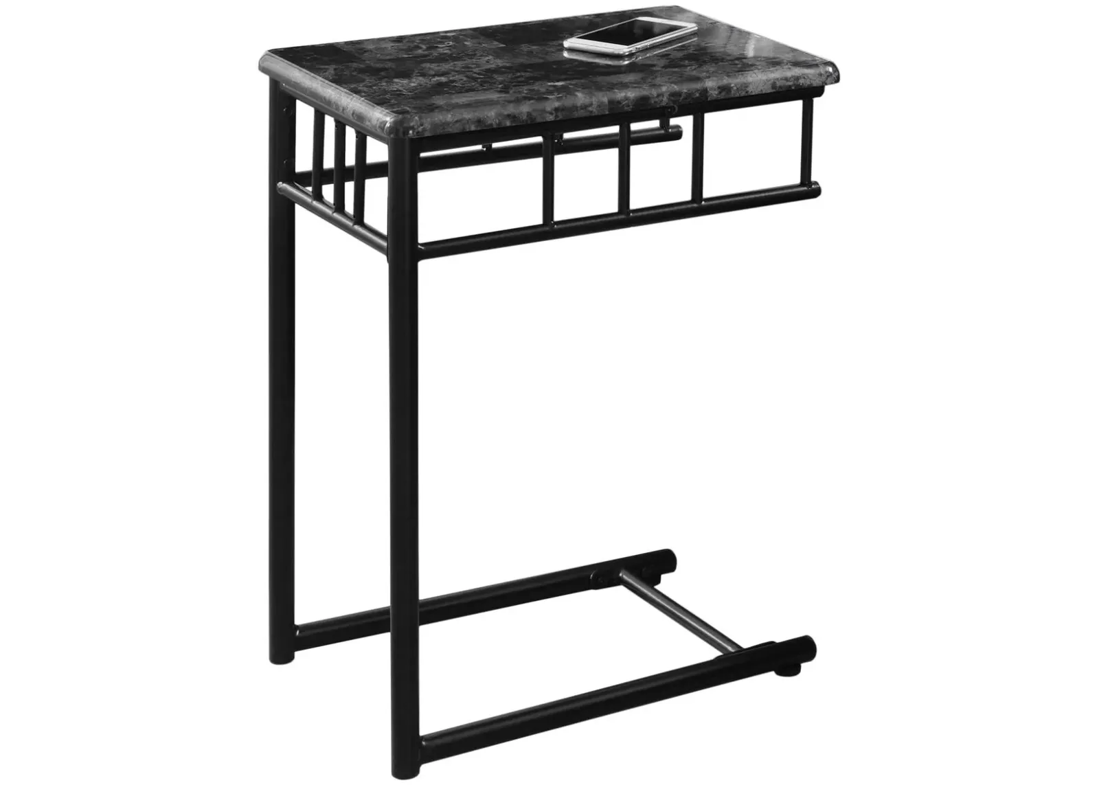 Accent Table, C-Shaped, End, Side, Snack, Living Room, Bedroom, Metal, Laminate, Grey Marble Look, Black, Transitional