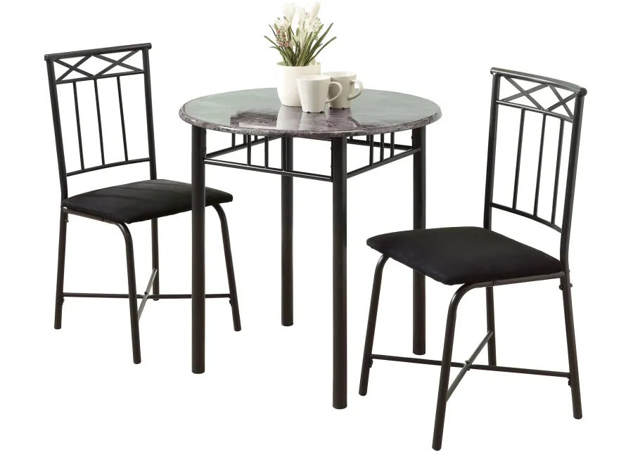 Dining Table Set, 3Pcs Set, Small, 30" Round, Kitchen, Metal, Laminate, Grey Marble Look, Black, Transitional