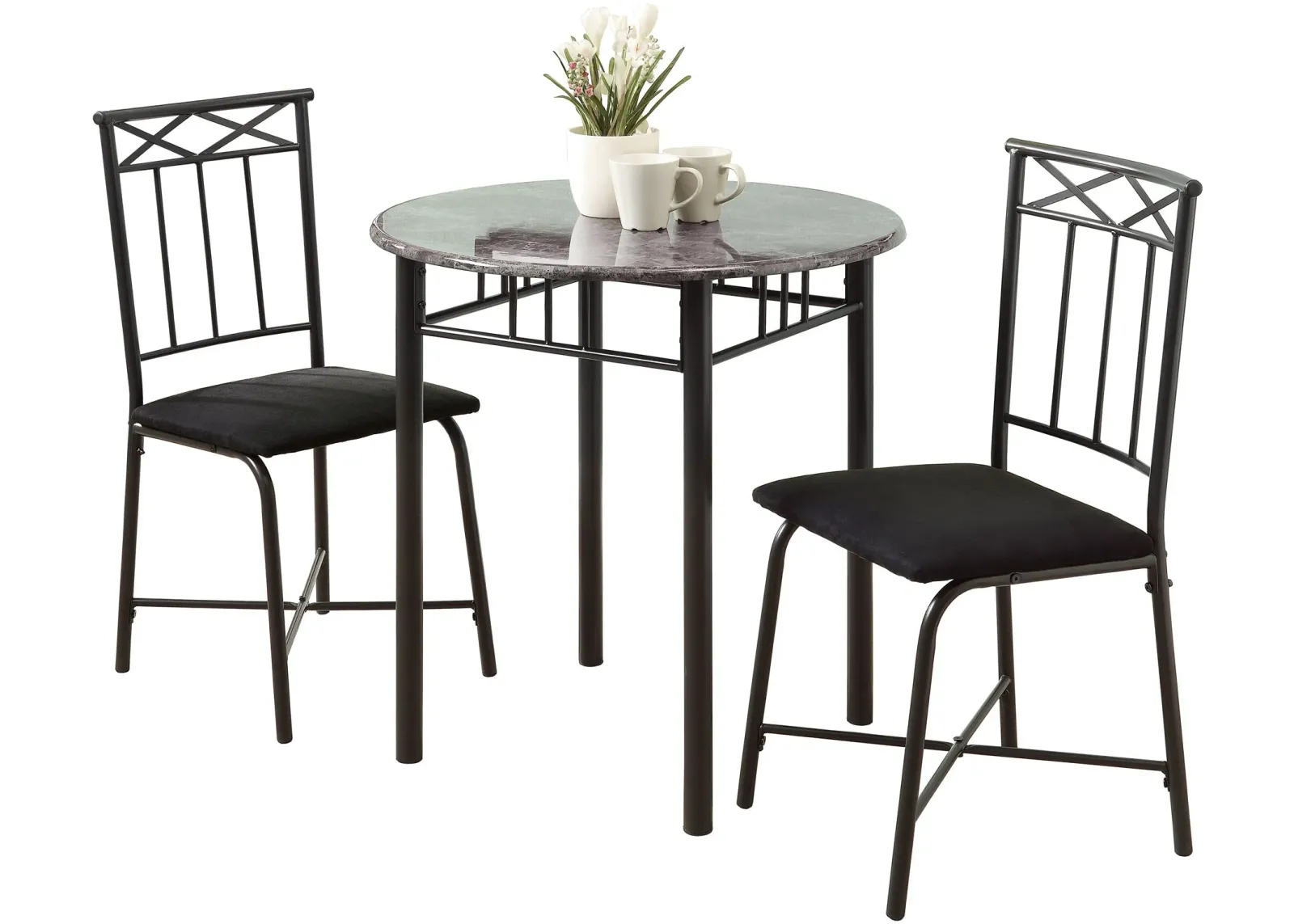 Dining Table Set, 3Pcs Set, Small, 30" Round, Kitchen, Metal, Laminate, Grey Marble Look, Black, Transitional