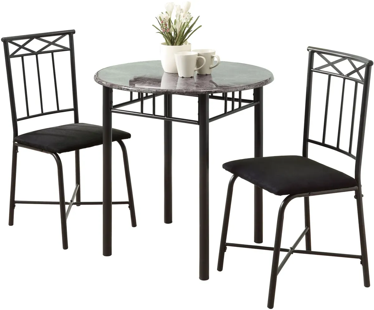 Dining Table Set, 3Pcs Set, Small, 30" Round, Kitchen, Metal, Laminate, Grey Marble Look, Black, Transitional