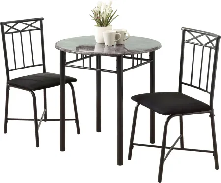 Dining Table Set, 3Pcs Set, Small, 30" Round, Kitchen, Metal, Laminate, Grey Marble Look, Black, Transitional