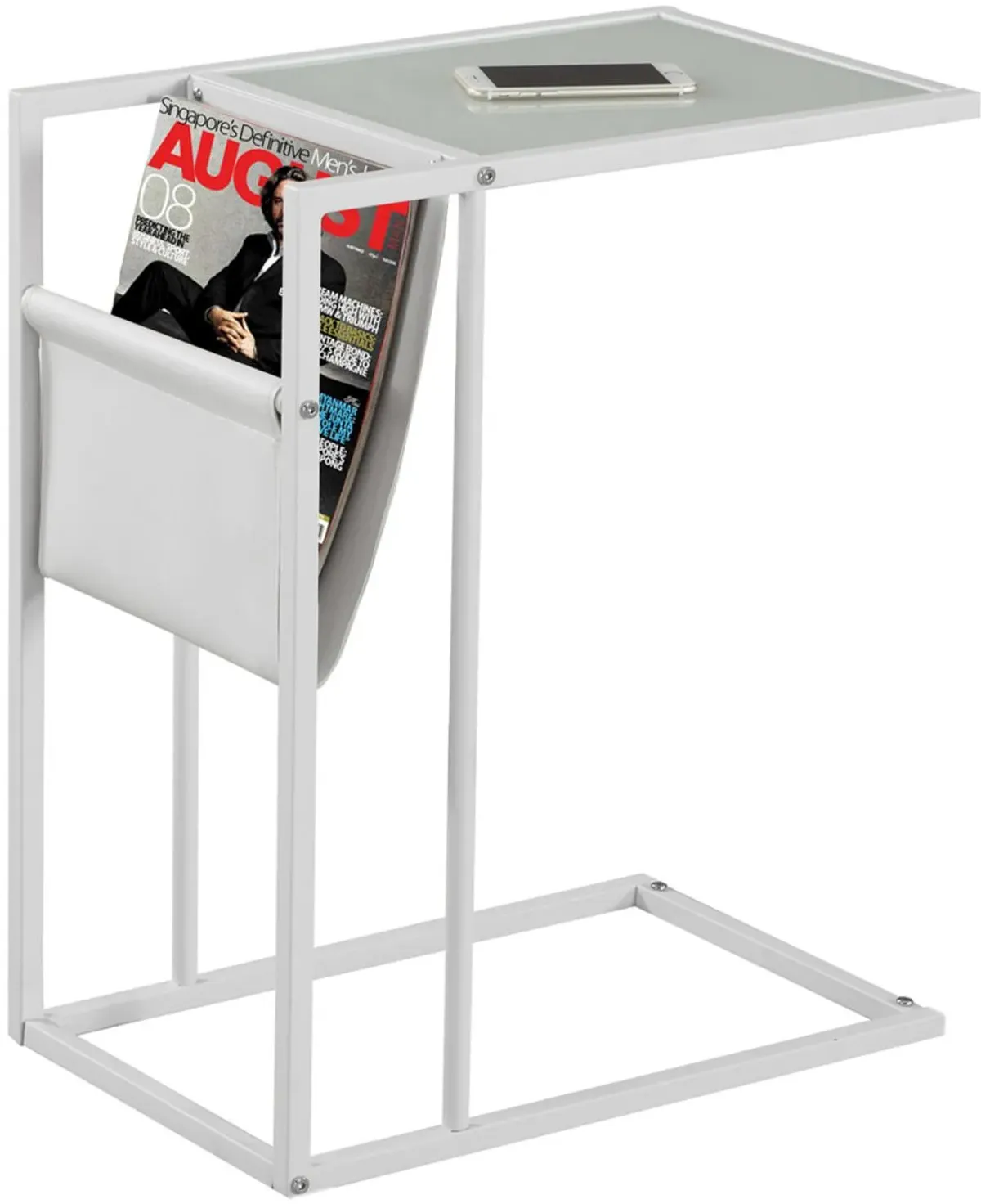 Accent Table, C-Shaped, End, Side, Snack, Magazine Storage, Living Room, Bedroom, Metal, Pu Leather Look, Tempered Glass, White, Contemporary, Modern