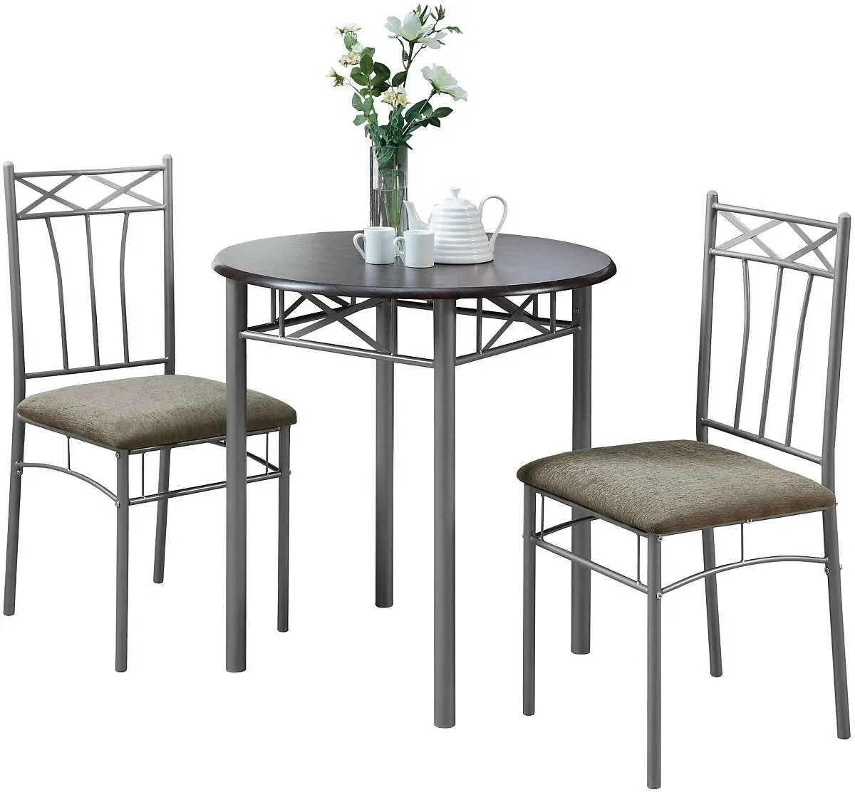 Dining Table Set, 3Pcs Set, Small, 30" Round, Kitchen, Metal, Laminate, Brown, Grey, Transitional