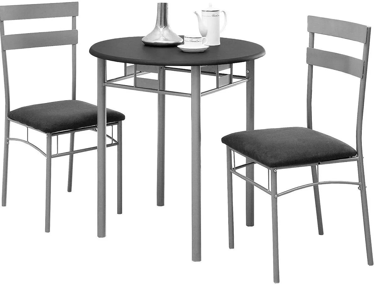Dining Table Set, 3Pcs Set, Small, 30" Round, Kitchen, Metal, Laminate, Black, Grey, Contemporary, Modern