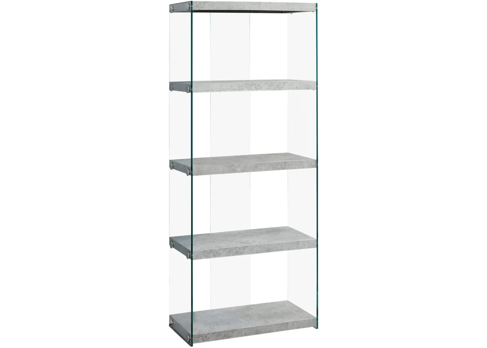 Bookshelf, Bookcase, Etagere, 5 Tier, 60"H, Office, Bedroom, Tempered Glass, Laminate, Grey, Clear, Contemporary, Modern