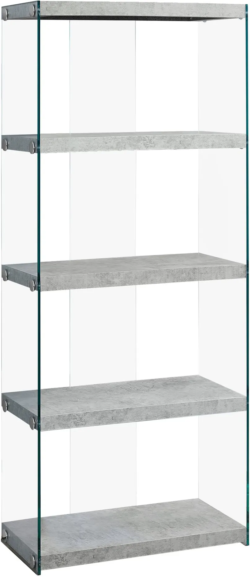 Bookshelf, Bookcase, Etagere, 5 Tier, 60"H, Office, Bedroom, Tempered Glass, Laminate, Grey, Clear, Contemporary, Modern