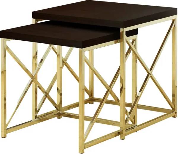 Nesting Table, Set Of 2, Side, End, Metal, Accent, Living Room, Bedroom, Metal, Laminate, Brown, Gold, Contemporary, Modern