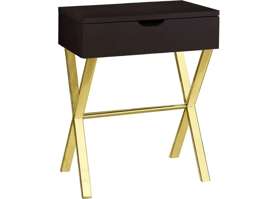 Accent Table, Side, End, Nightstand, Lamp, Storage Drawer, Living Room, Bedroom, Metal, Laminate, Brown, Gold, Contemporary, Modern