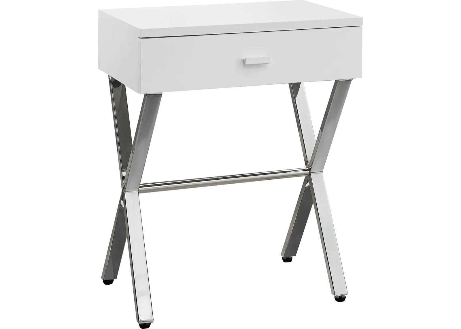 Accent Table, Side, End, Nightstand, Lamp, Storage Drawer, Living Room, Bedroom, Metal, Laminate, Glossy White, Chrome, Contemporary, Modern