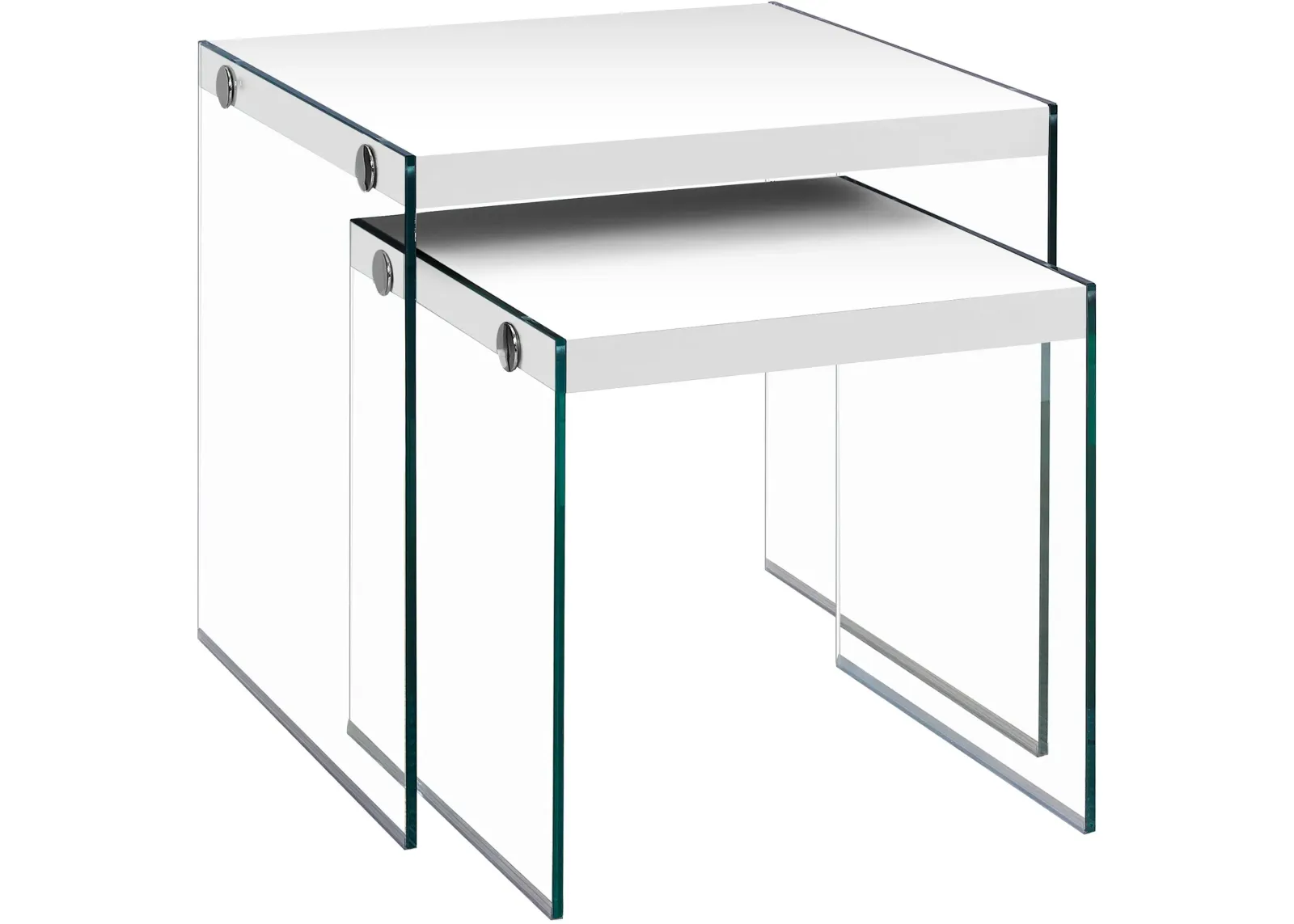 Nesting Table, Set Of 2, Side, End, Accent, Living Room, Bedroom, Tempered Glass, Laminate, Glossy White, Clear, Contemporary, Modern