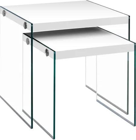 Nesting Table, Set Of 2, Side, End, Accent, Living Room, Bedroom, Tempered Glass, Laminate, Glossy White, Clear, Contemporary, Modern