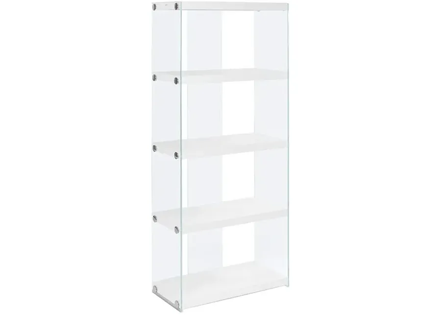 Bookshelf, Bookcase, Etagere, 5 Tier, 60"H, Office, Bedroom, Tempered Glass, Laminate, Glossy White, Clear, Contemporary, Modern