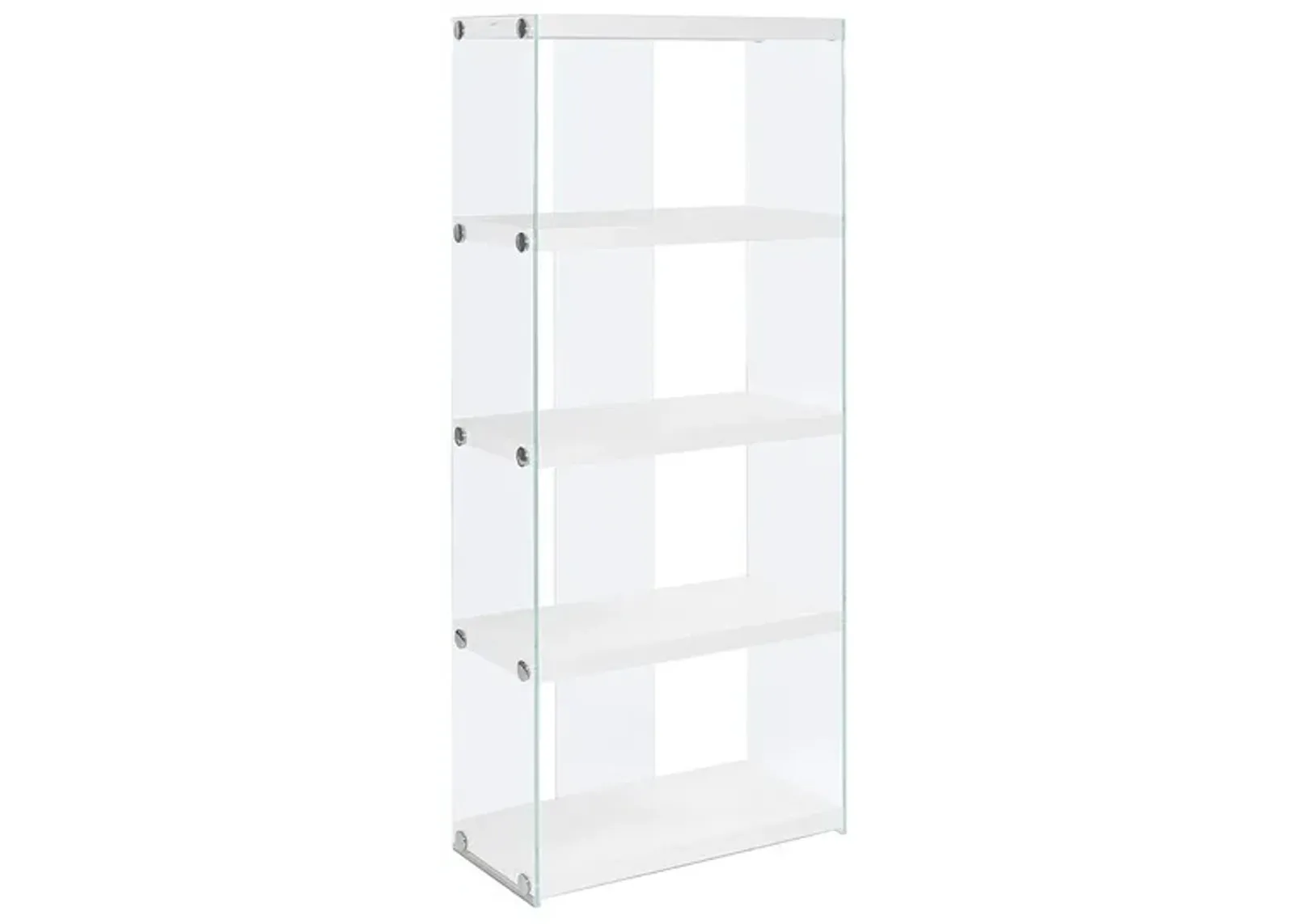 Bookshelf, Bookcase, Etagere, 5 Tier, 60"H, Office, Bedroom, Tempered Glass, Laminate, Glossy White, Clear, Contemporary, Modern