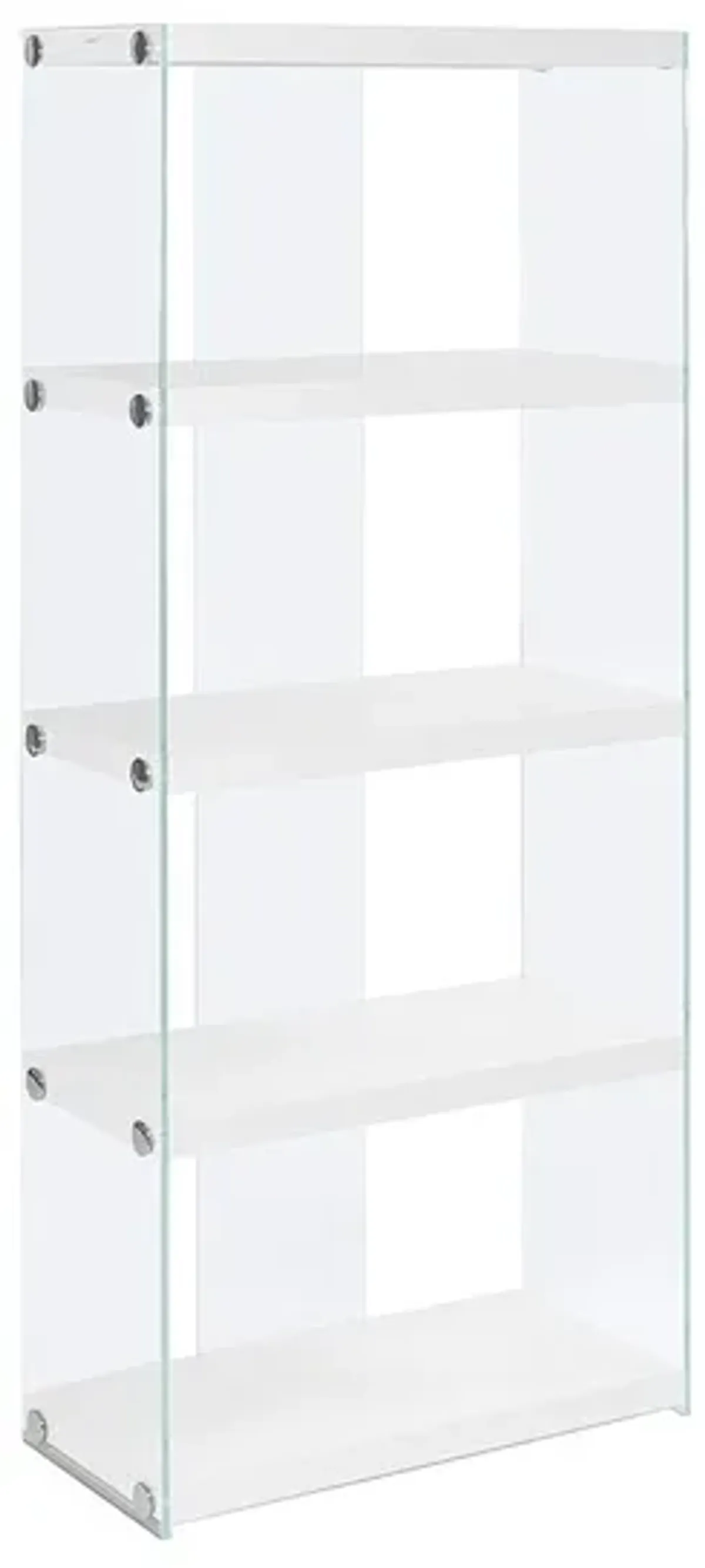 Bookshelf, Bookcase, Etagere, 5 Tier, 60"H, Office, Bedroom, Tempered Glass, Laminate, Glossy White, Clear, Contemporary, Modern