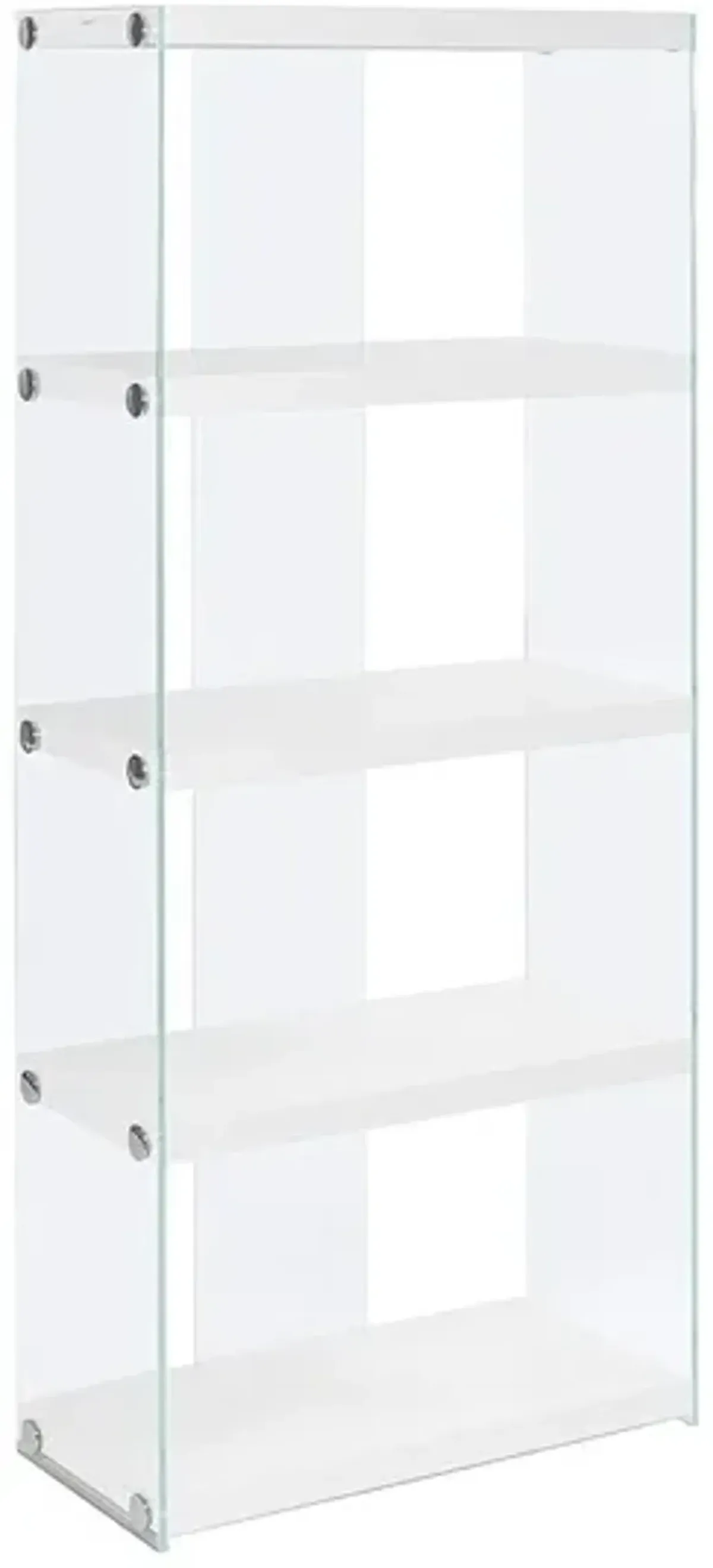 Bookshelf, Bookcase, Etagere, 5 Tier, 60"H, Office, Bedroom, Tempered Glass, Laminate, Glossy White, Clear, Contemporary, Modern