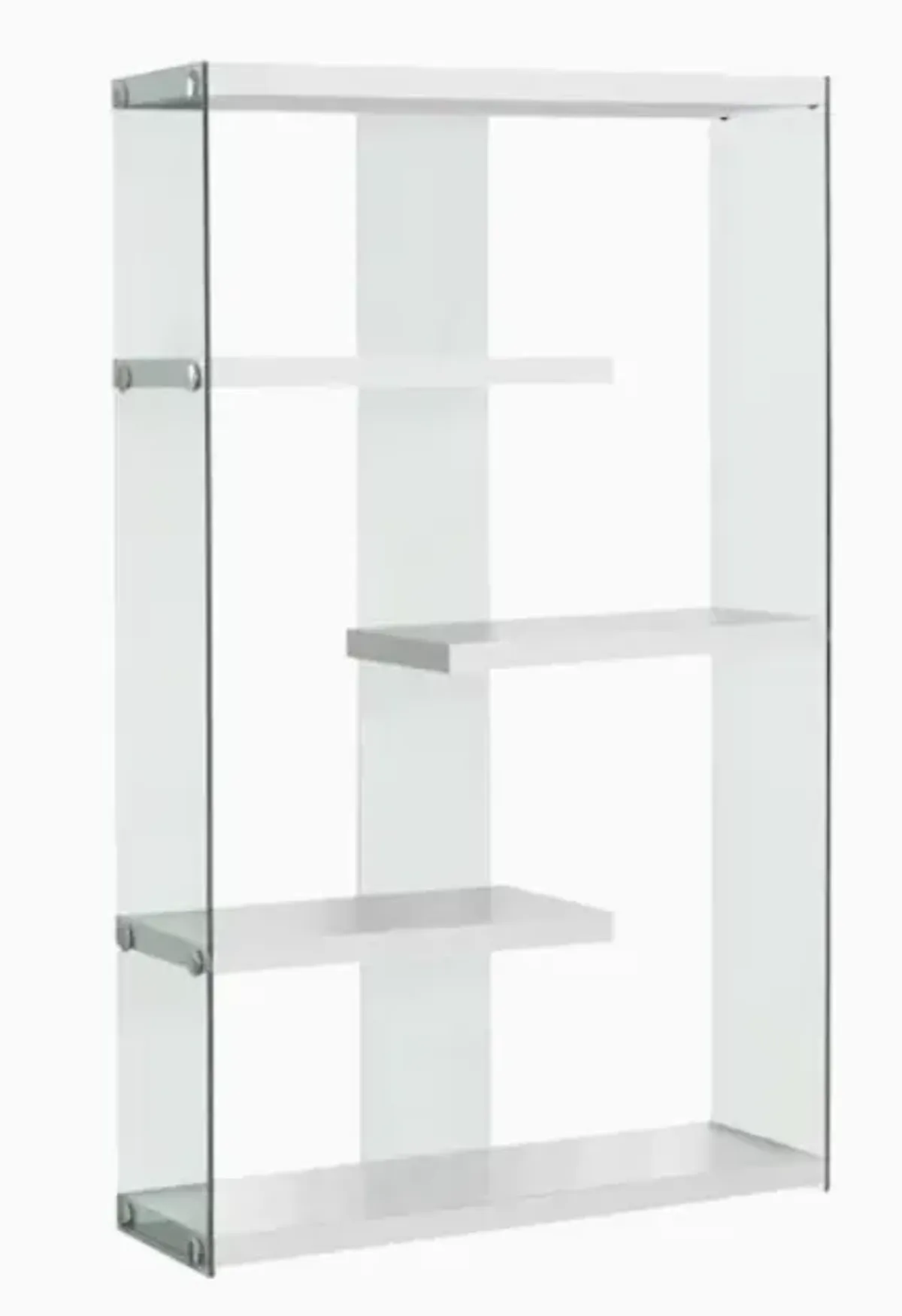 Bookshelf, Bookcase, Etagere, 5 Tier, 60"H, Office, Bedroom, Tempered Glass, Laminate, Glossy White, Clear, Contemporary, Modern