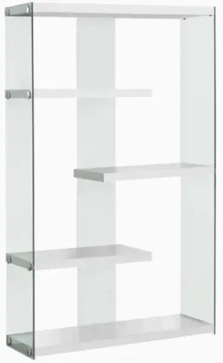Bookshelf, Bookcase, Etagere, 5 Tier, 60"H, Office, Bedroom, Tempered Glass, Laminate, Glossy White, Clear, Contemporary, Modern
