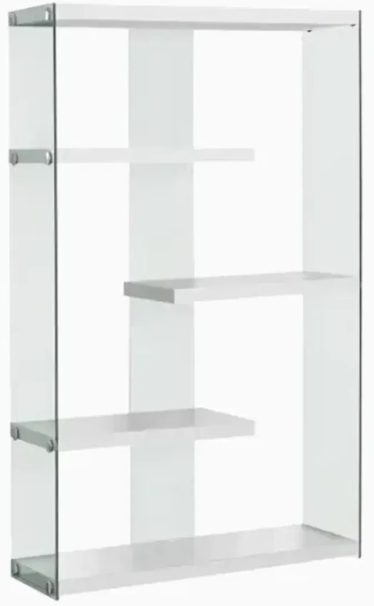 Bookshelf, Bookcase, Etagere, 5 Tier, 60"H, Office, Bedroom, Tempered Glass, Laminate, Glossy White, Clear, Contemporary, Modern